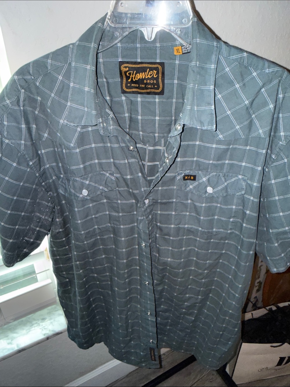 Howler Brothers Slate Green Windowpane Plaid Short Sleeve Button-Down